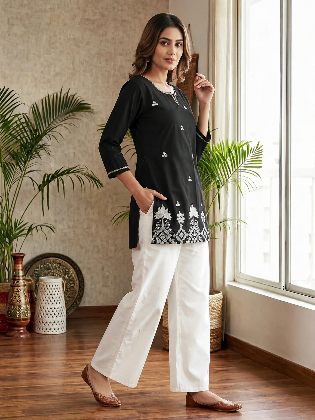 Black Embroidered Straight Kurti with Intricate White Floral Border