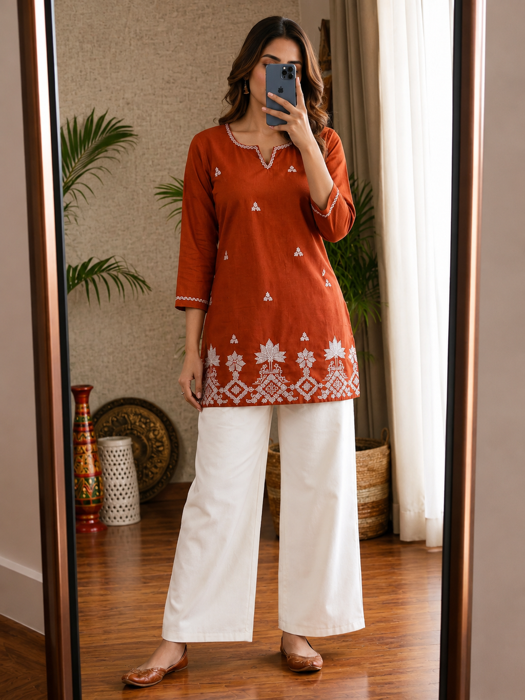 Trendy Orange Blossom – Premium Cotton Straight Kurti with Intricate White Embroidered Floral Border