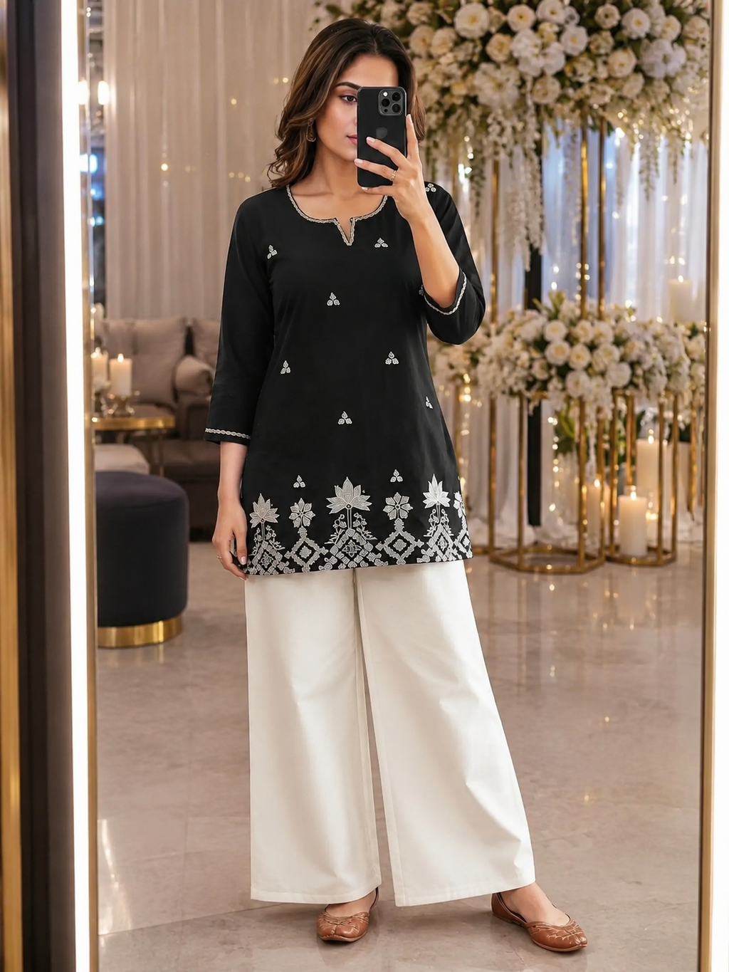 Black Cotton Floral Elegance – Intricately Embroidered Straight Kurti with Statement White Border