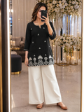 Black Cotton Floral Elegance – Intricately Embroidered Straight Kurti with Statement White Border