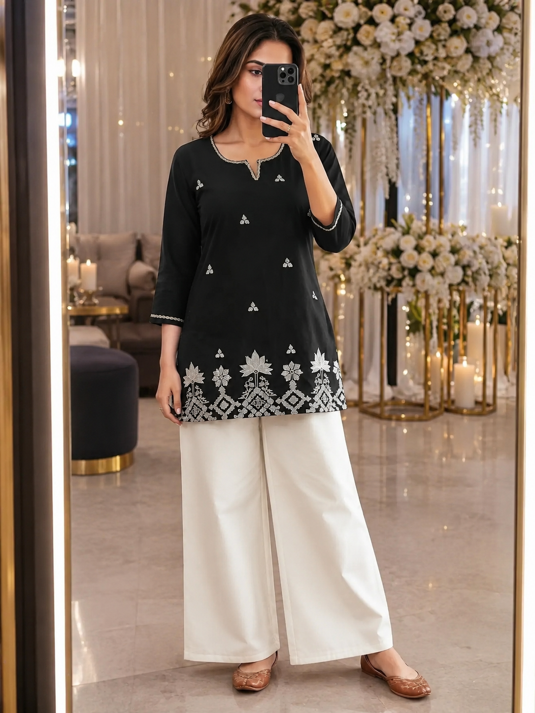 Black Cotton Floral Elegance – Intricately Embroidered Straight Kurti with Statement White Border