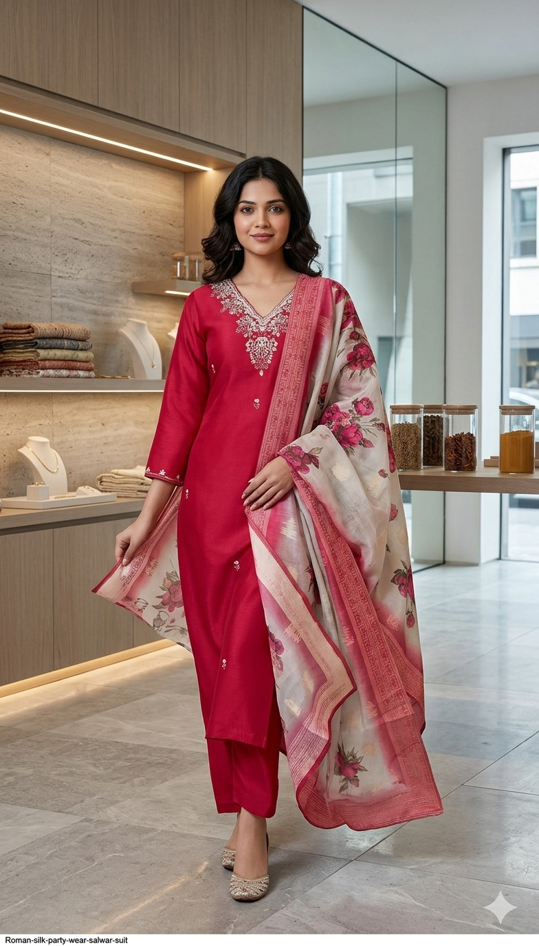 Latest Wine Pink Embroidered Kurta Pant Set with Floral Printed Dupatta