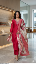 Latest Wine Pink Embroidered Kurta Pant Set with Floral Printed Dupatta