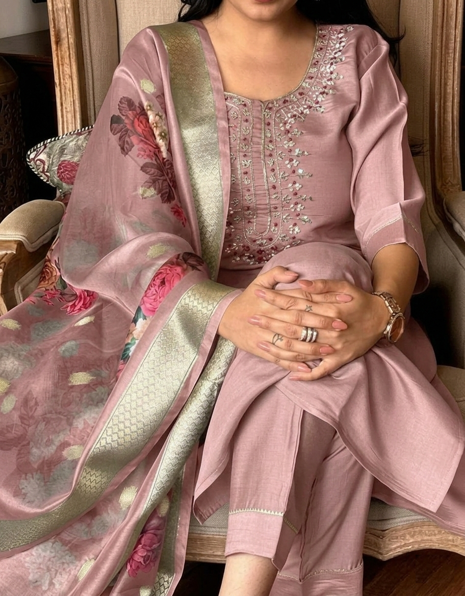 Blush Rose Elegance – Embroidered Kurta Set with Floral Dupatta