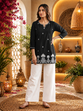 Black Cotton Embroidered Straight Kurti with Intricate White Floral Border