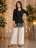 Classic Noir Elegance – Black Cotton Straight Kurti with Exquisite White Floral Embroidery