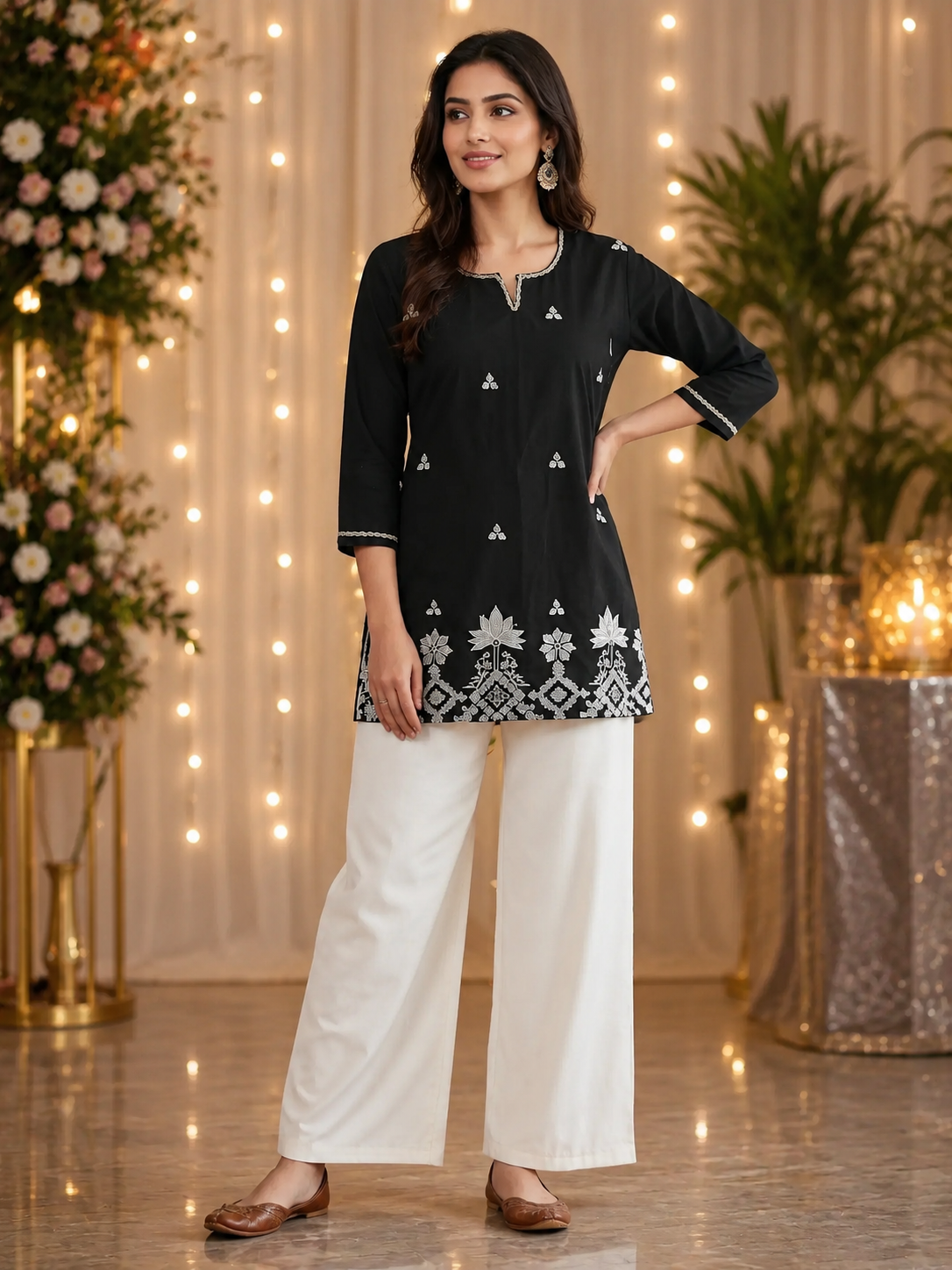 Classic Noir Elegance – Black Cotton Straight Kurti with Exquisite White Floral Embroidery