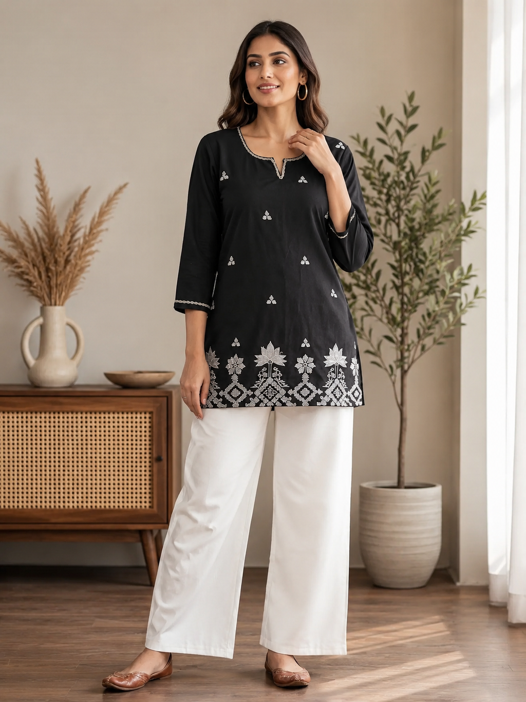 Black Embroidered Straight Kurti with Intricate White Floral Border