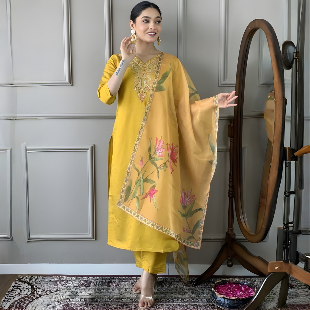 Sunshine Yellow Floral Embroidered Kurta Set with Printed Dupatta