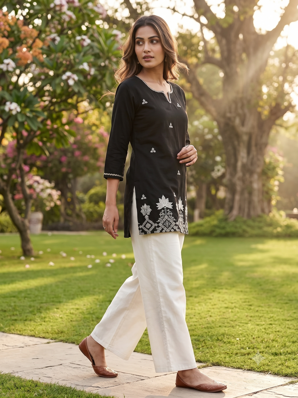 Women's Cotton Embroidered Short Kurti with White Palazzo Set