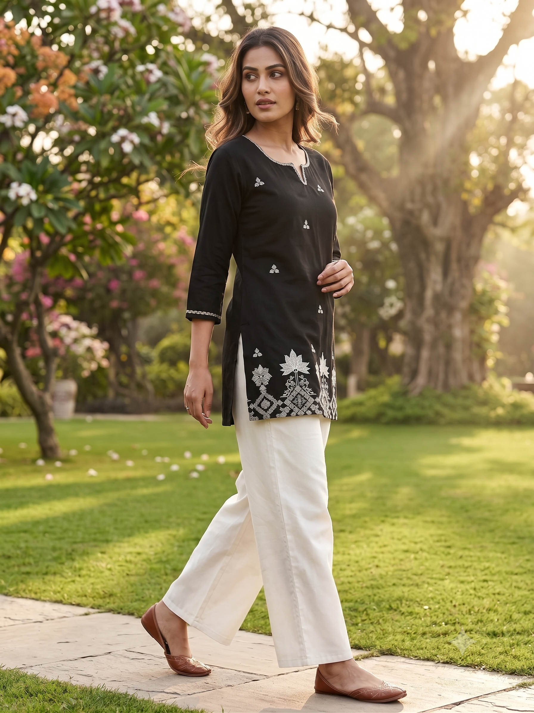Women's Cotton Embroidered Short Kurti with White Palazzo Set