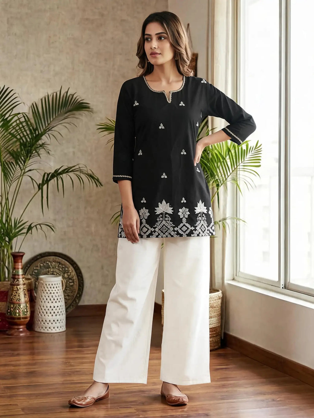 Black Embroidered Straight Kurti with Intricate White Floral Border