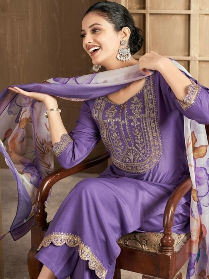 Lavender Embroidered Straight Kurta Set with Floral Printed Dupatta