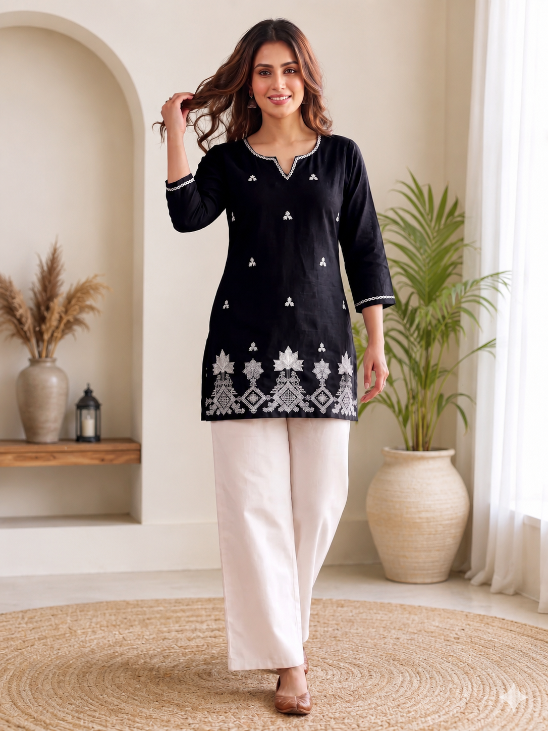 Black Embroidered Straight Kurti with Intricate White Floral Border