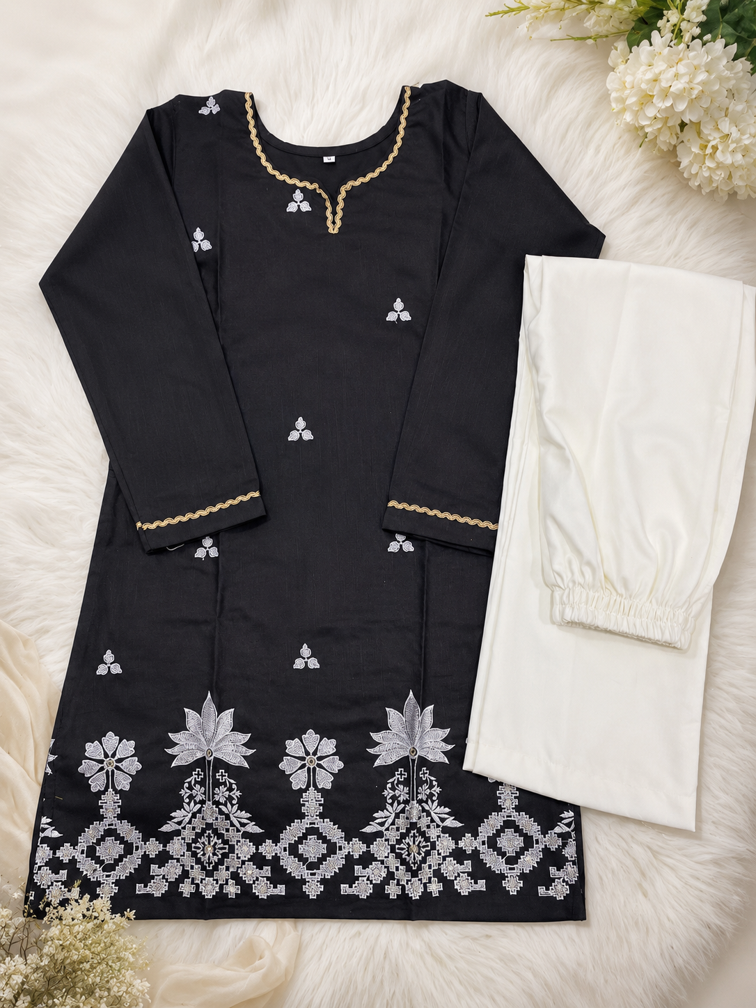 Intricately Embroidered Cotton Straight Kurti with Elegant Floral Palazzos