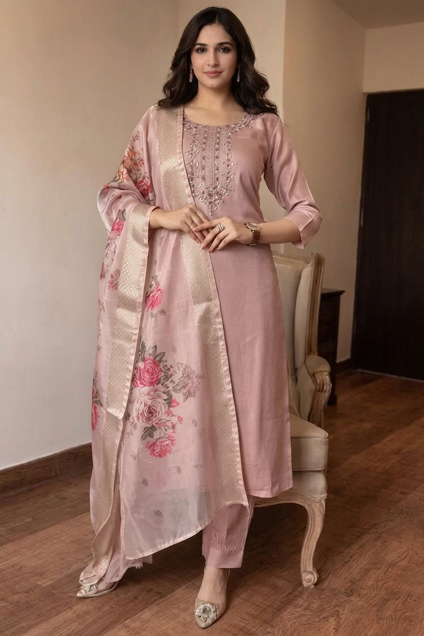 Rose Aura – Elegant Embroidered Kurta Set with Printed Floral Dupatta