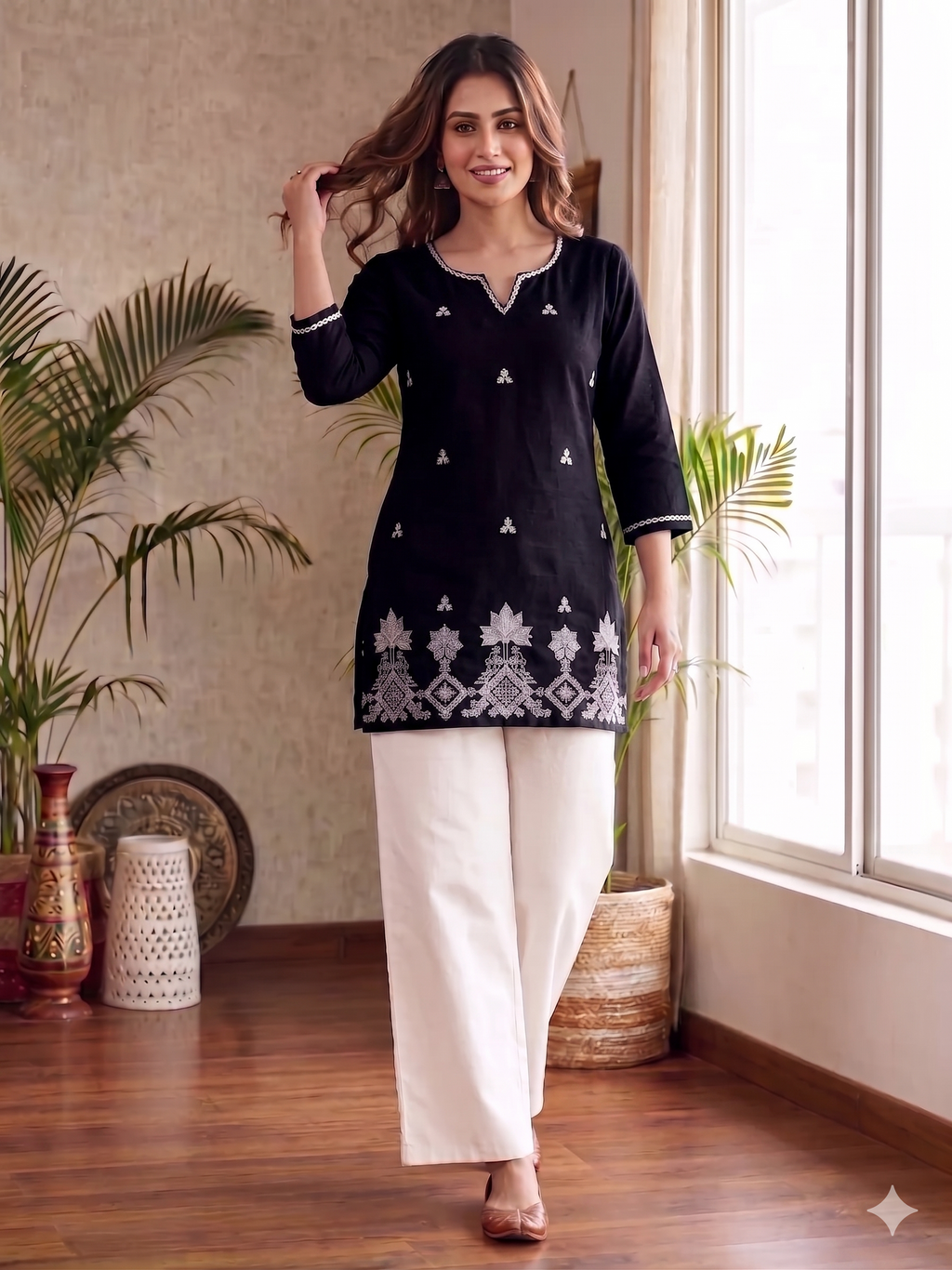 Elegant Black Straight Kurti with Statement Floral Border With White Palazzos