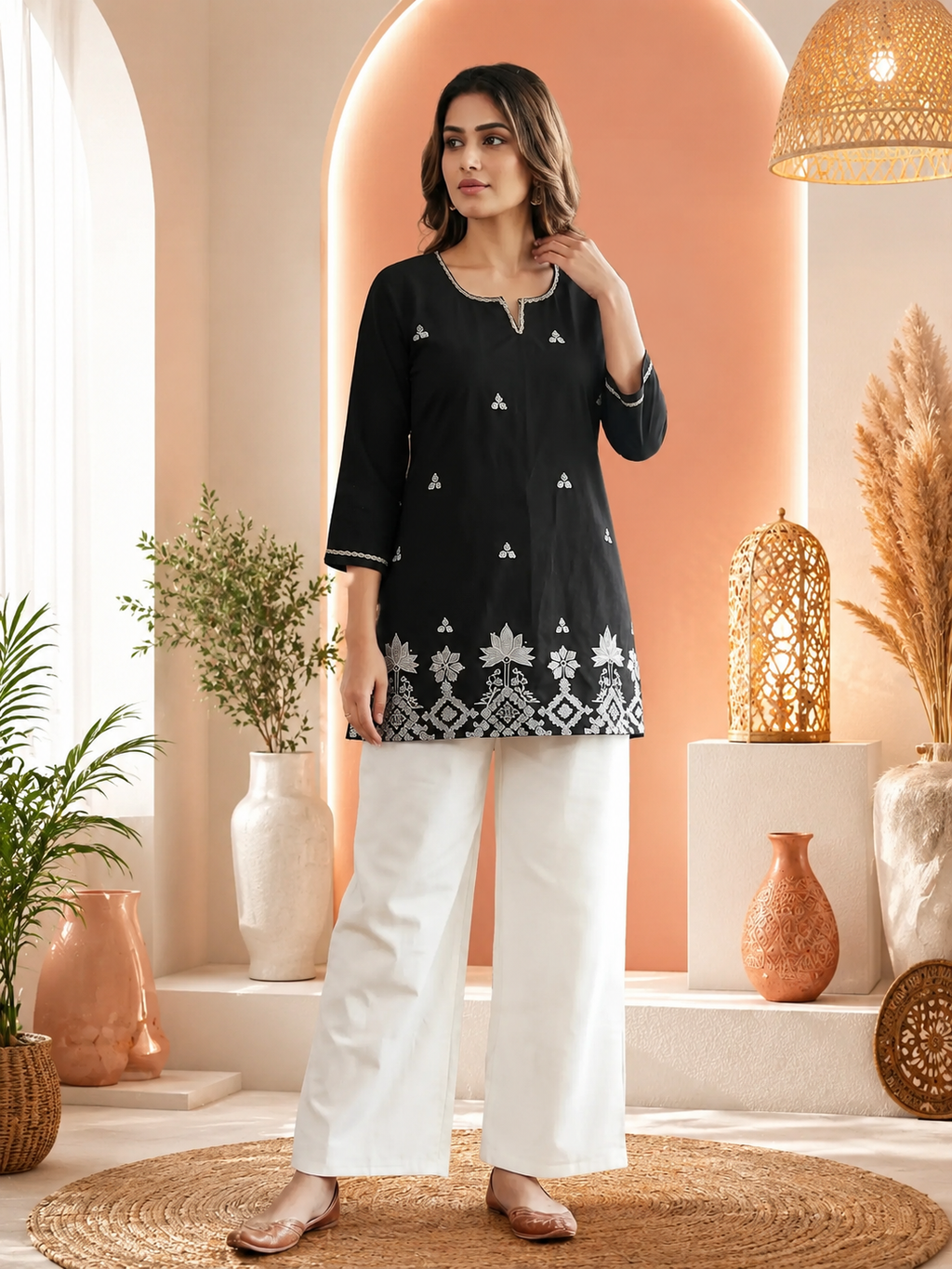 Intricately Embroidered Cotton Straight Kurti with Elegant Floral Palazzos