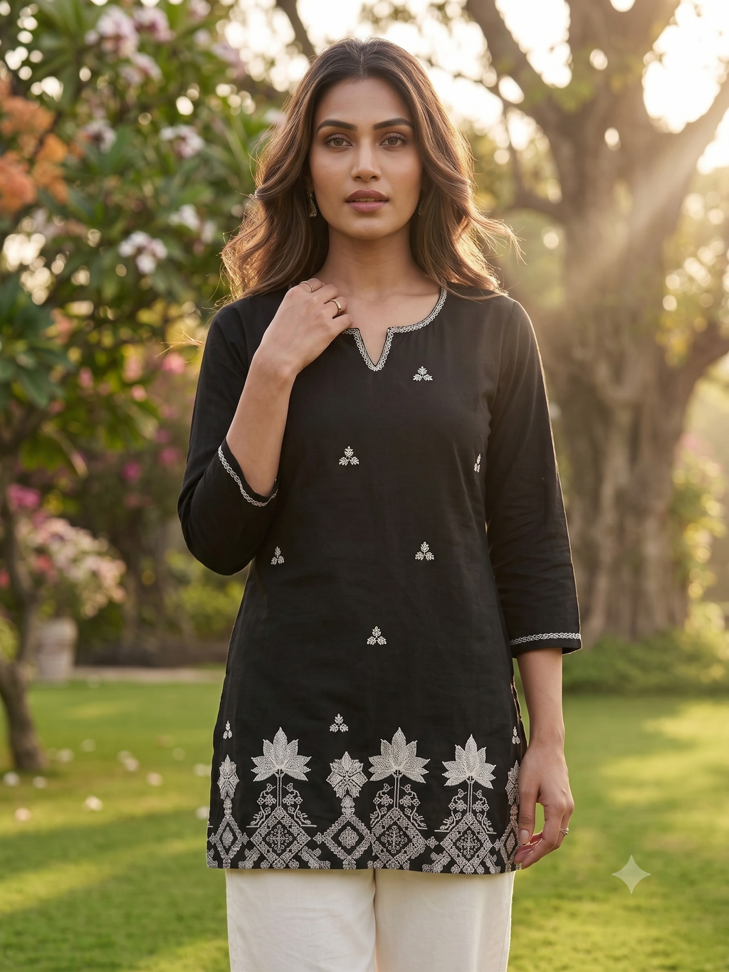 Women's Cotton Embroidered Short Kurti with White Palazzo Set