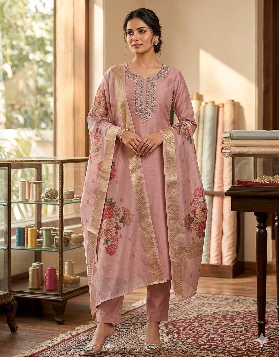 Blush Rose Elegance – Embroidered Kurta Set with Floral Dupatta