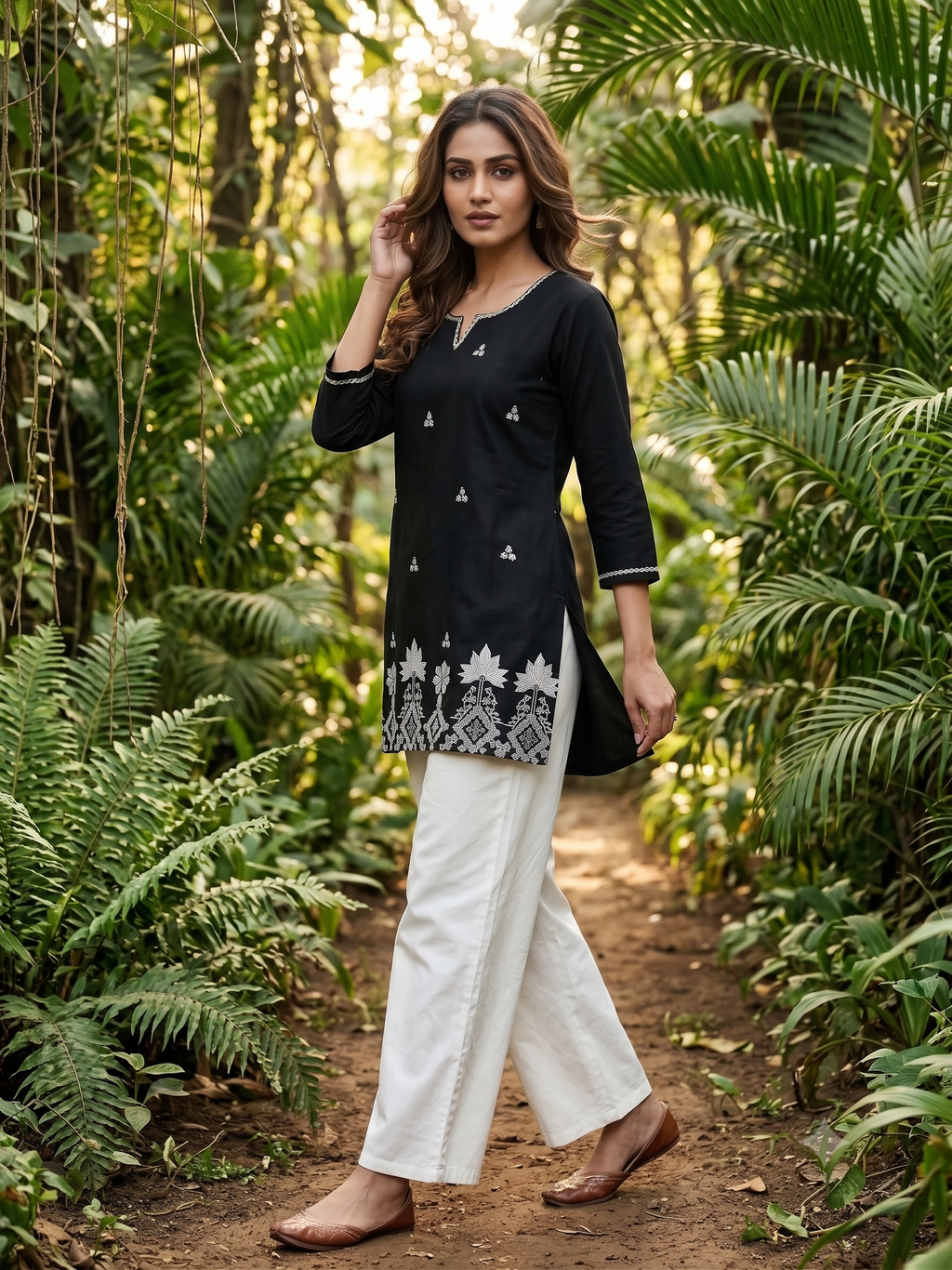 Women's Cotton Embroidered Short Kurti with White Palazzo Set