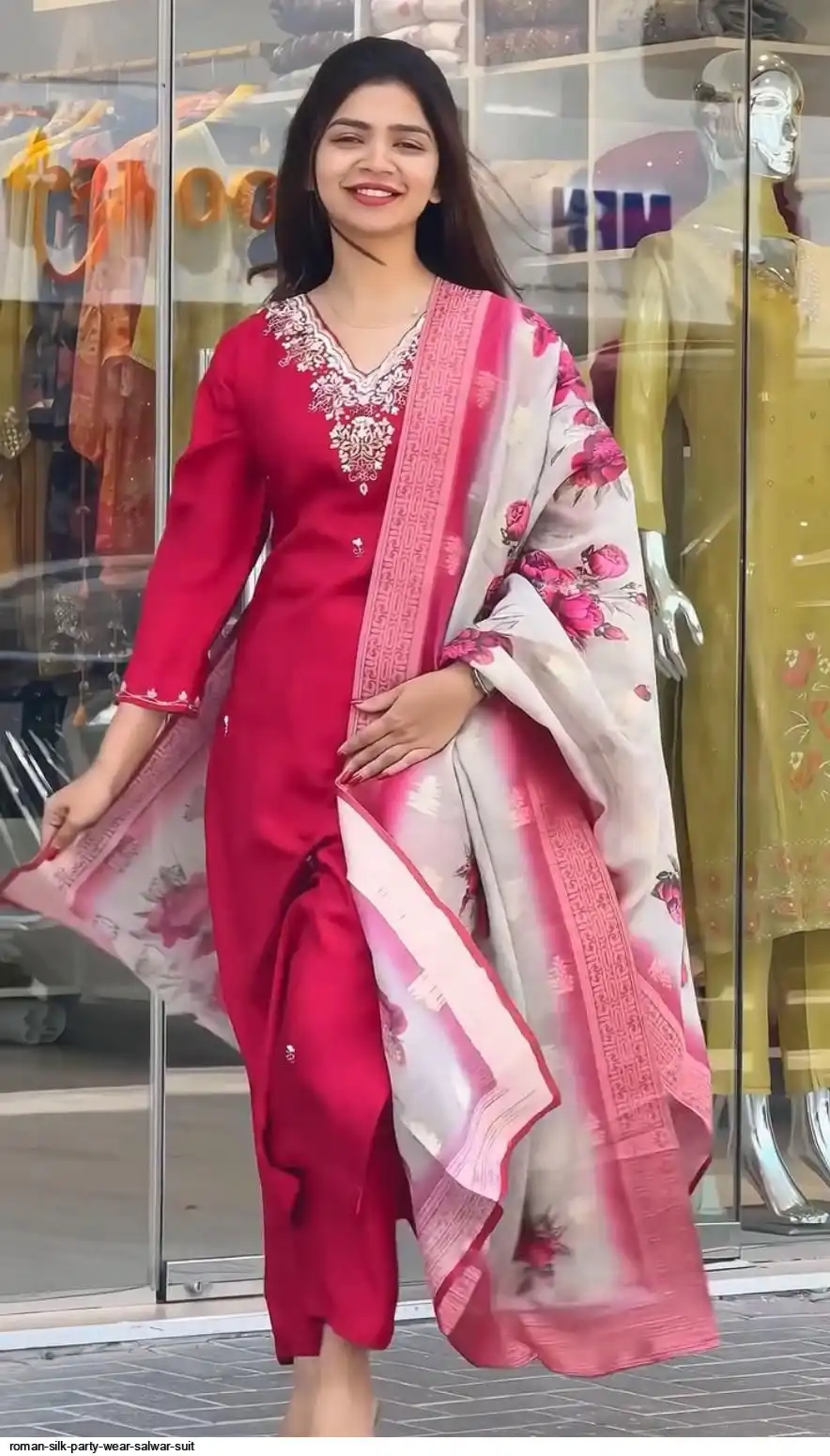 Classic Wine Pink Embroidered Kurta Pant Set with Floral Printed Dupatta