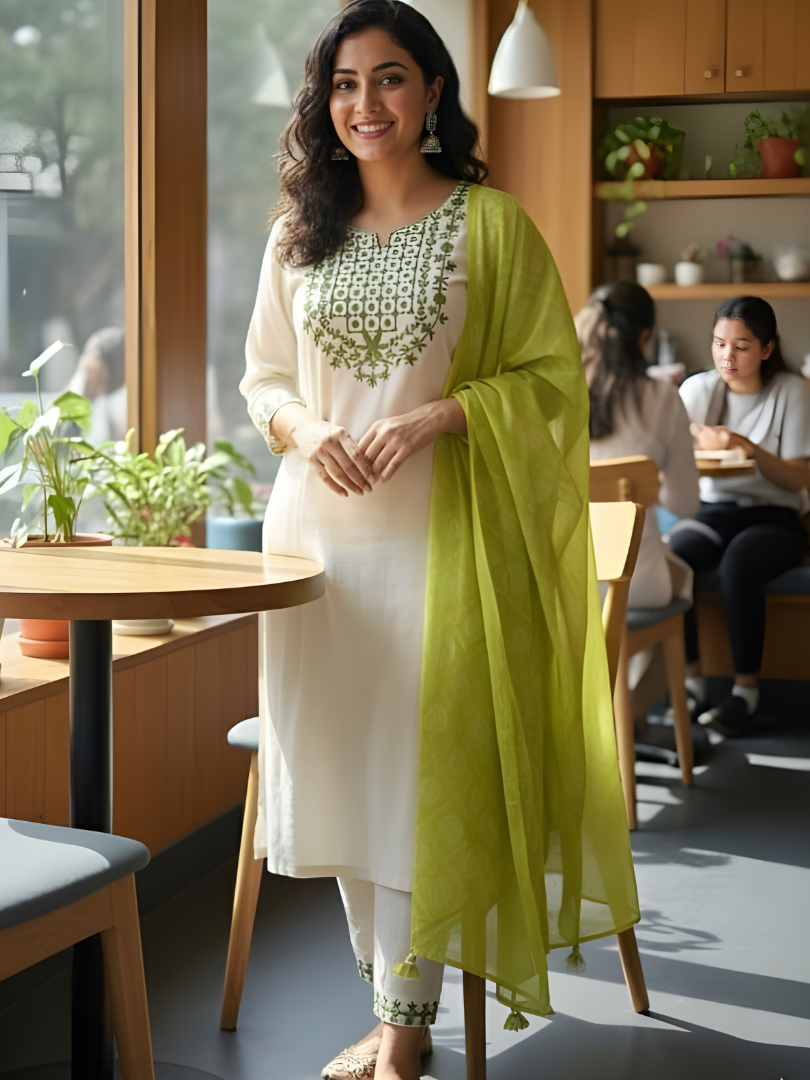 Ivory Green Embroidered Kurta Set with Lime Green Dupatta