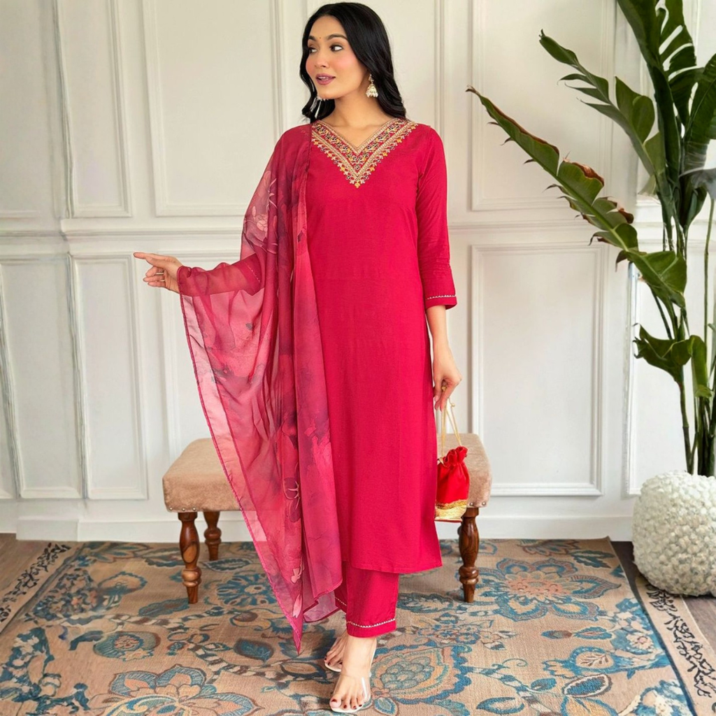 Ruby Pink Embroidered Kurta Set with Printed Dupatta