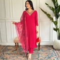 Ruby Pink Embroidered Kurta Set with Printed Dupatta