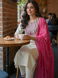 Ivory Rose Embroidered Kurta Set with Pink Printed Dupatta