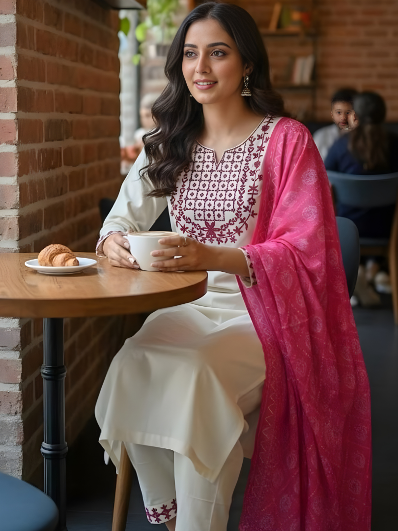 Ivory Rose Embroidered Kurta Set with Pink Printed Dupatta