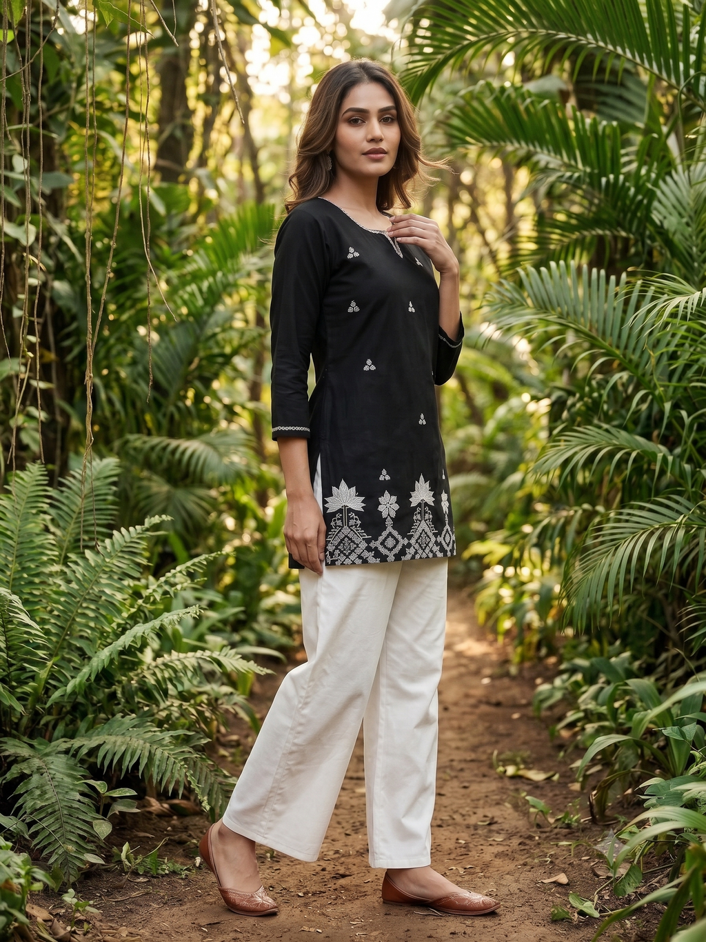Women's Cotton Embroidered Short Kurti with White Palazzo Set