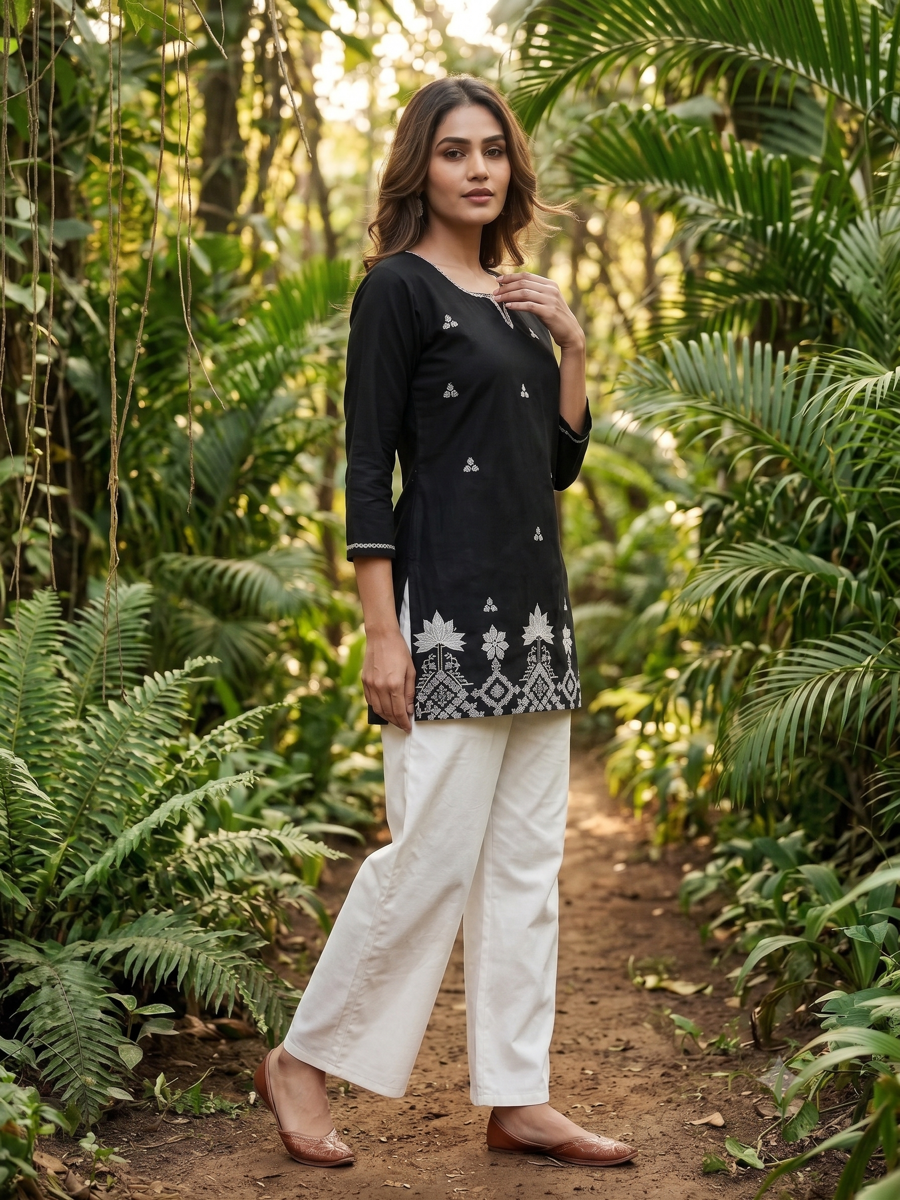 Women's Cotton Embroidered Short Kurti with White Palazzo Set