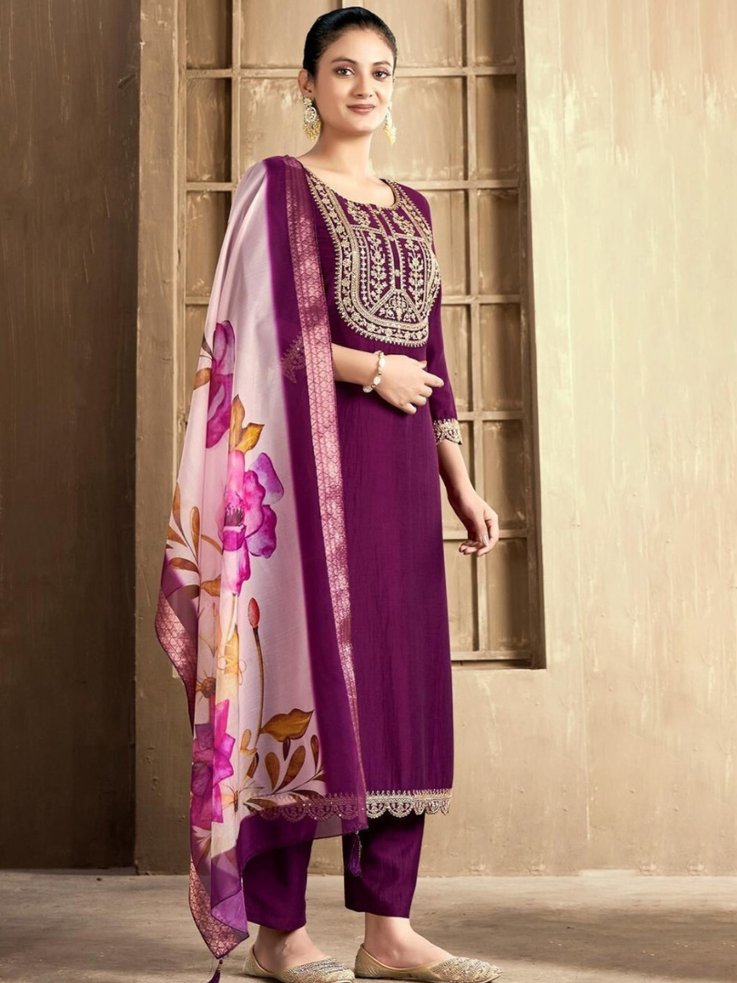 Women’s Embroidered Kurta Pant Dupatta Set | Designer Ethnic Suit Set | Festive & Party Wear