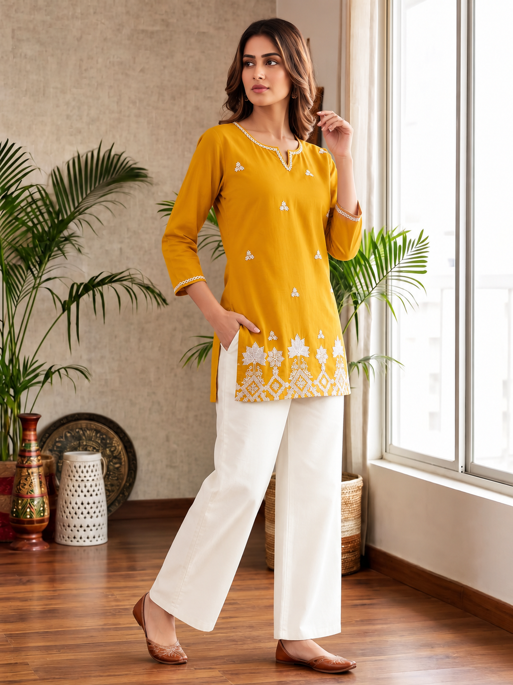 Yellow Embroidered Straight Kurti with Intricate White Floral Border