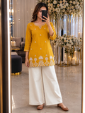 Yellow Cotton Floral Elegance – Intricately Embroidered Straight Kurti with Statement White Border