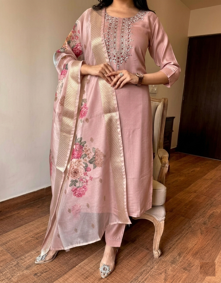 Blush Rose Elegance – Embroidered Kurta Set with Floral Dupatta