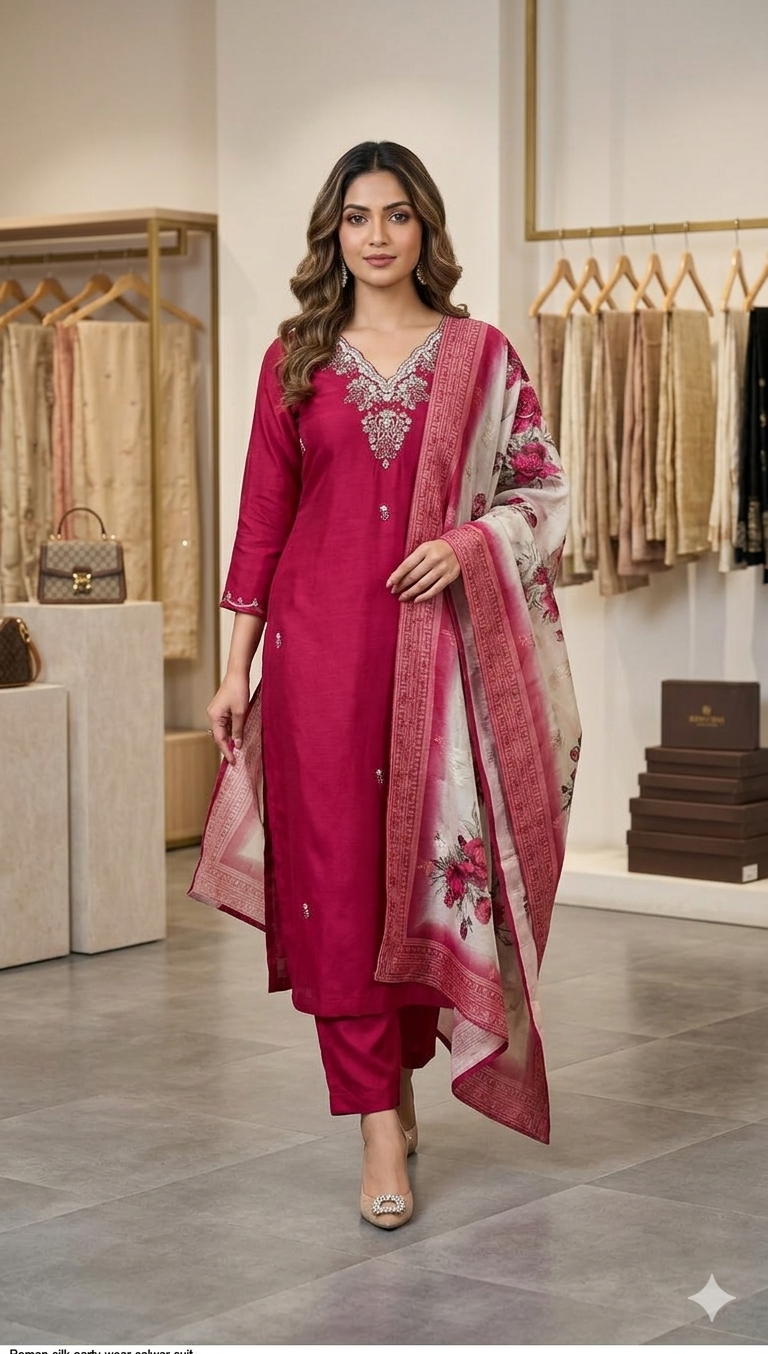 Classic Wine Pink Embroidered Kurta Pant Set with Floral Printed Dupatta