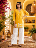Yellow Cotton Embroidered Straight Kurti with Intricate White Floral Border