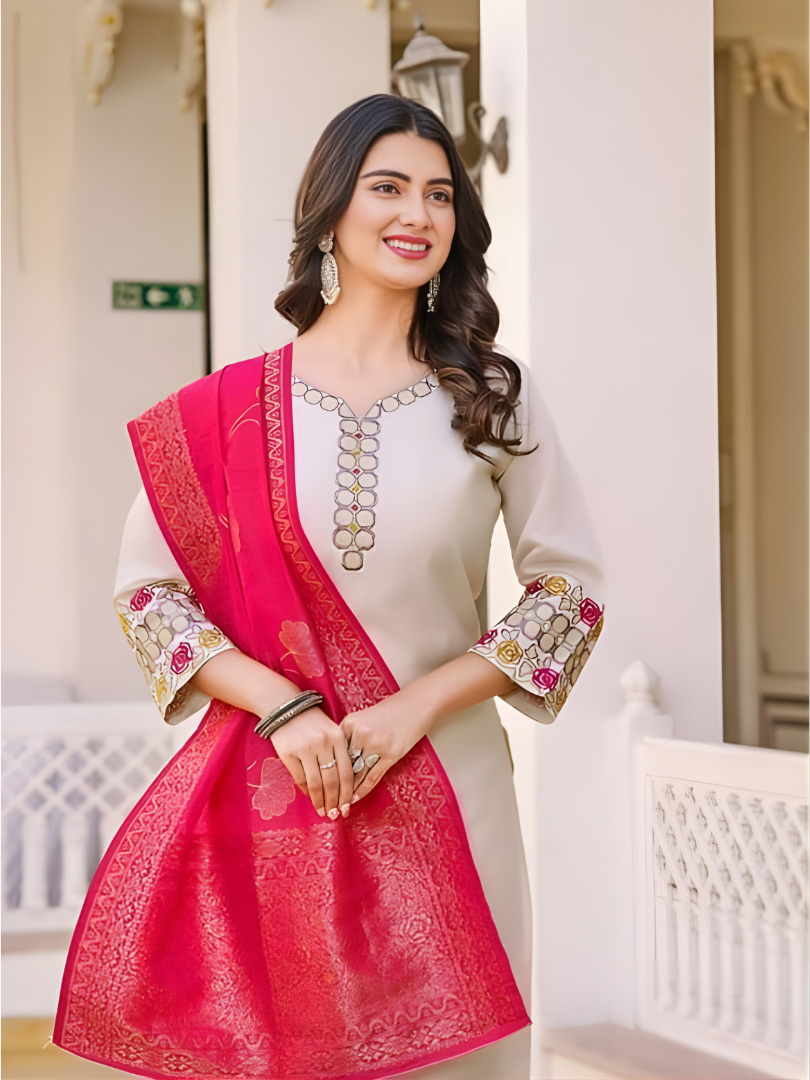Women’s Embroidered Straight Kurta with Palazzo & Printed Dupatta | Elegant 3 Piece Ethnic Set