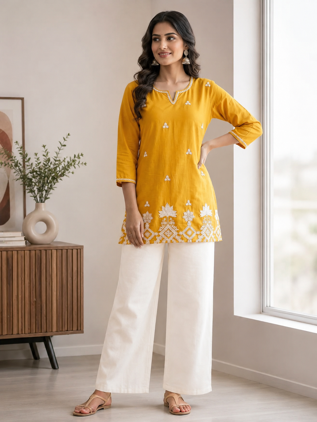 Yellow Embroidered Straight Kurti with Intricate White Floral Border
