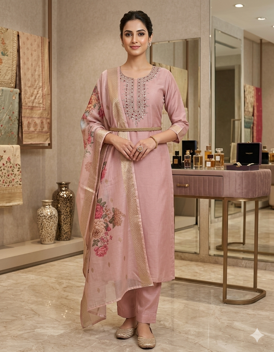 Rose Aura – Elegant Embroidered Kurta Set with Printed Floral Dupatta