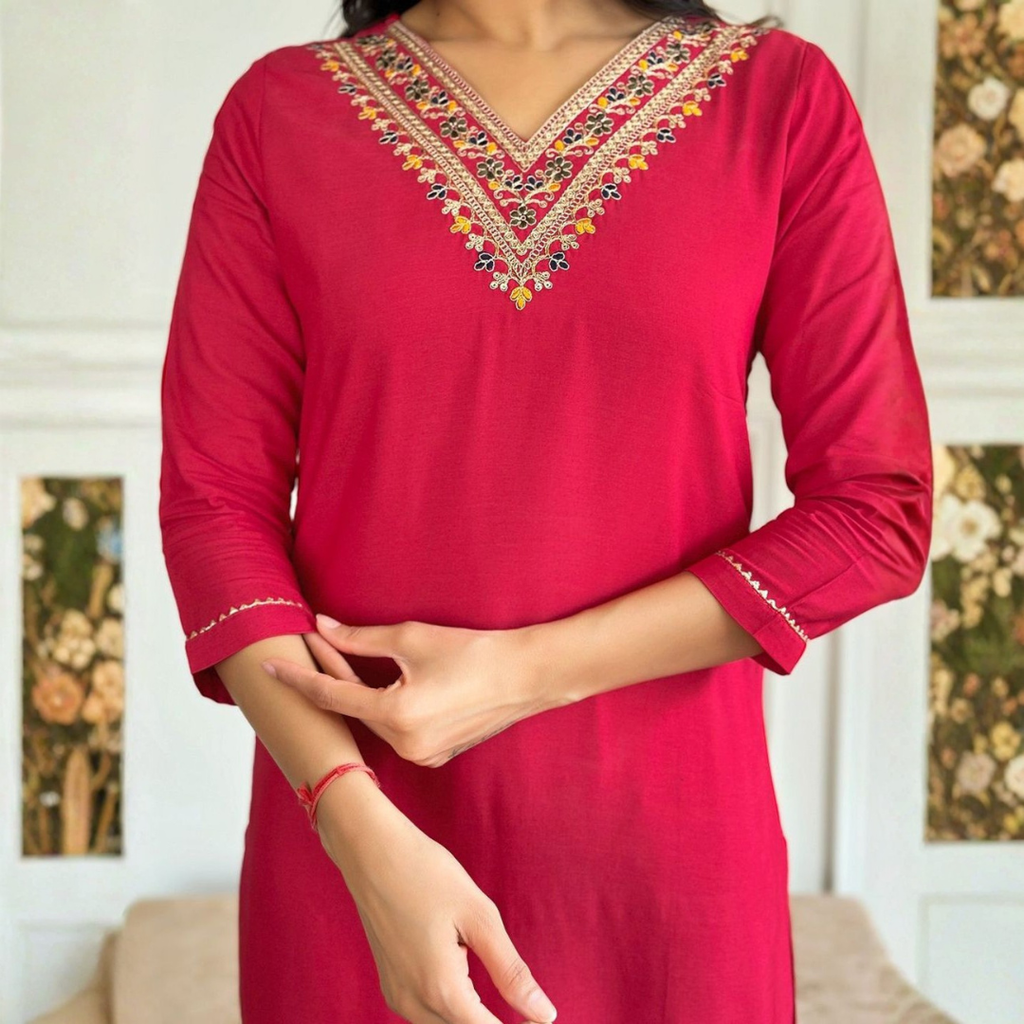 Ruby Pink Embroidered Kurta Set with Printed Dupatta
