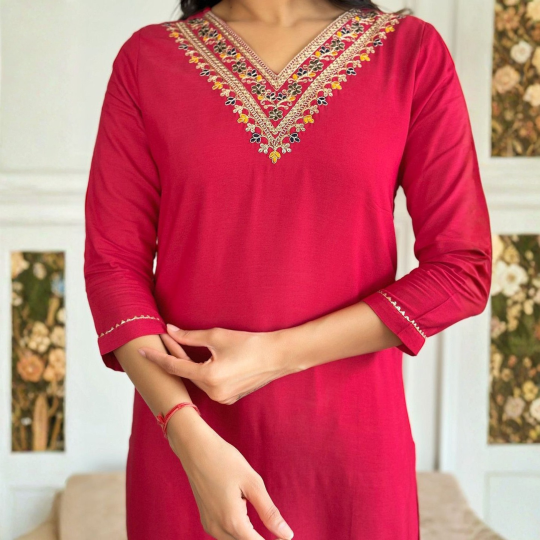 Ruby Pink Embroidered Kurta Set with Printed Dupatta