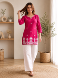 Rani Embroidered Straight Kurti with Intricate White Floral Border