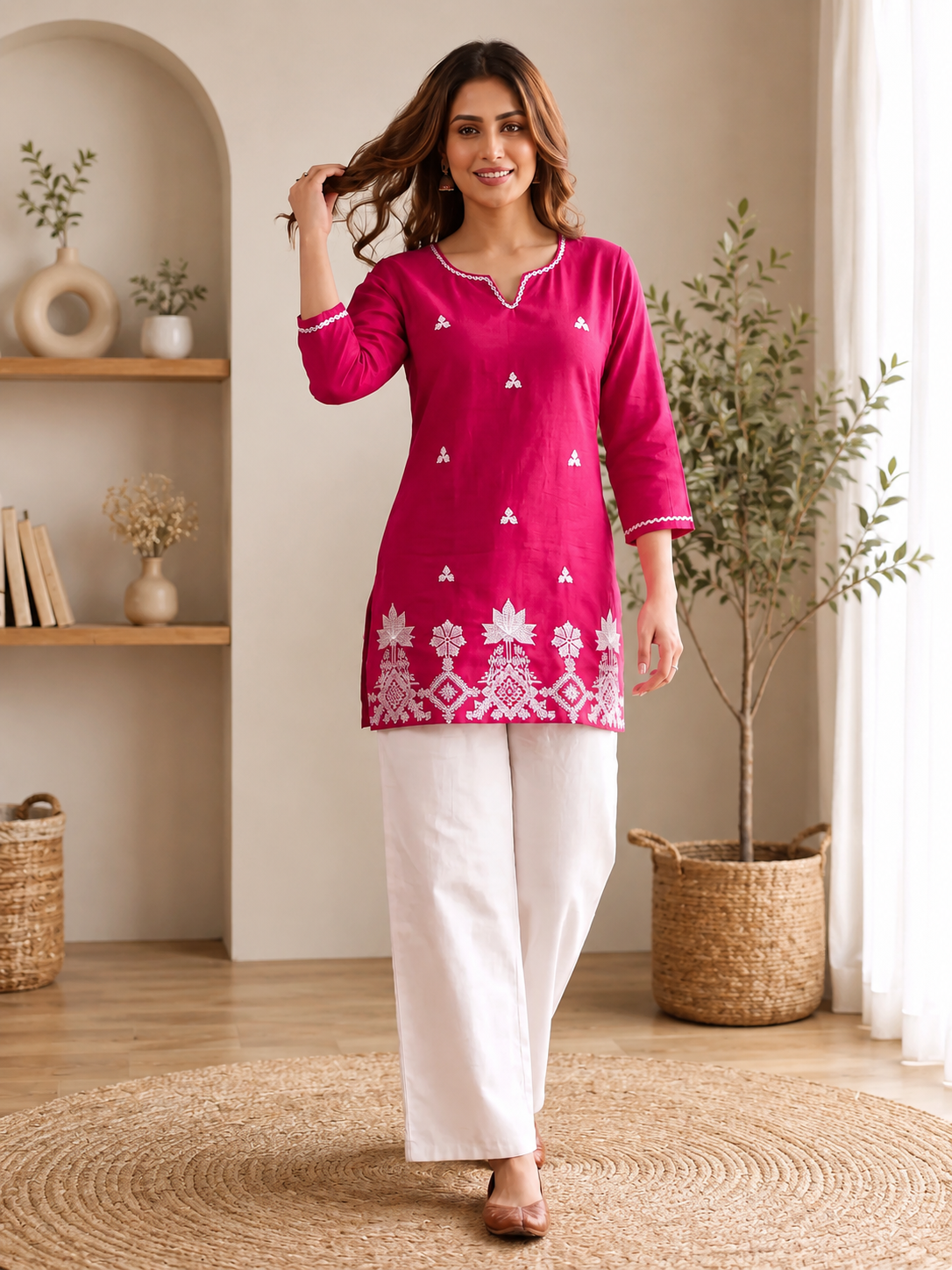 Rani Embroidered Straight Kurti with Intricate White Floral Border