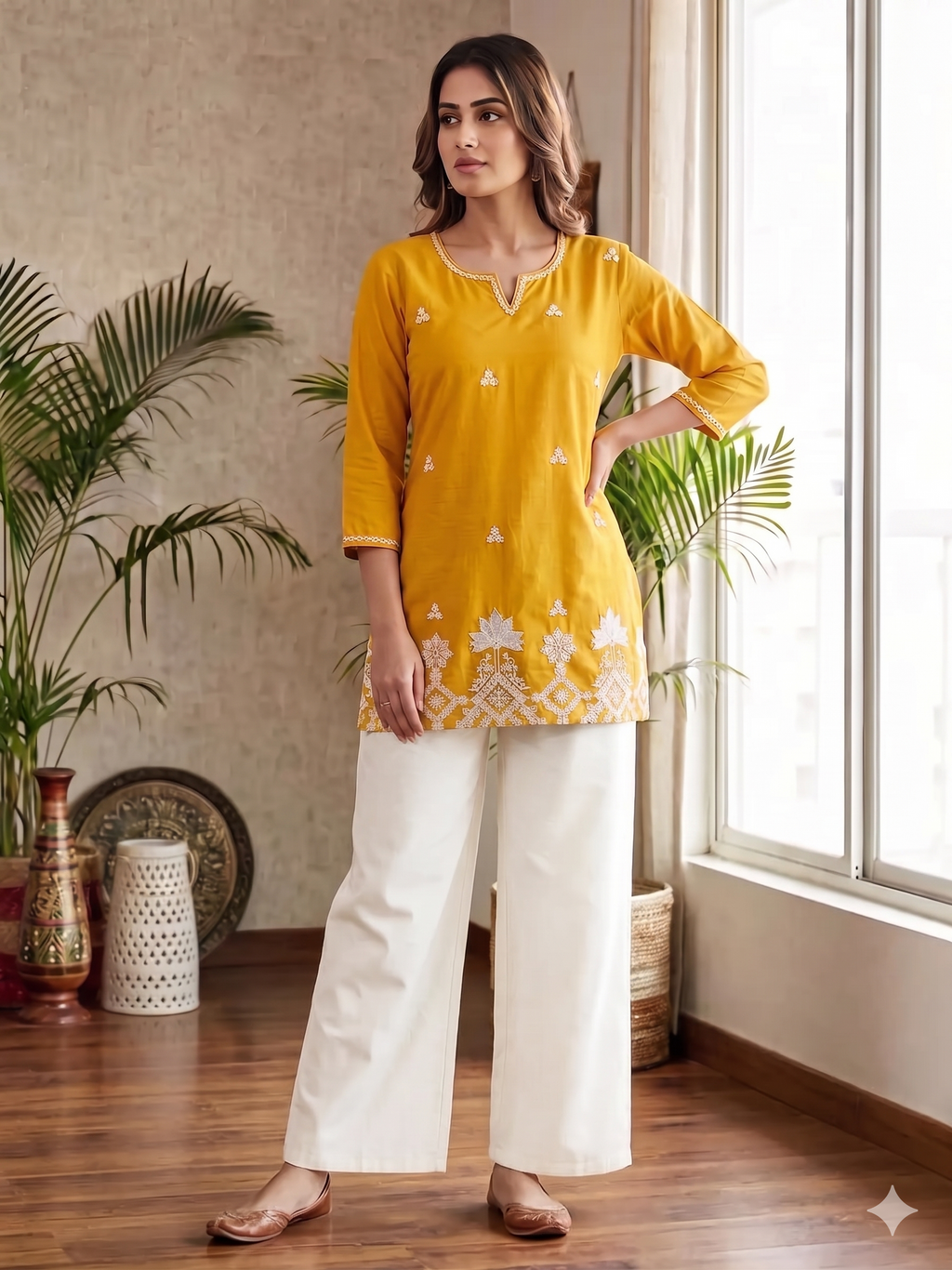 Yellow Embroidered Straight Kurti with Intricate White Floral Border