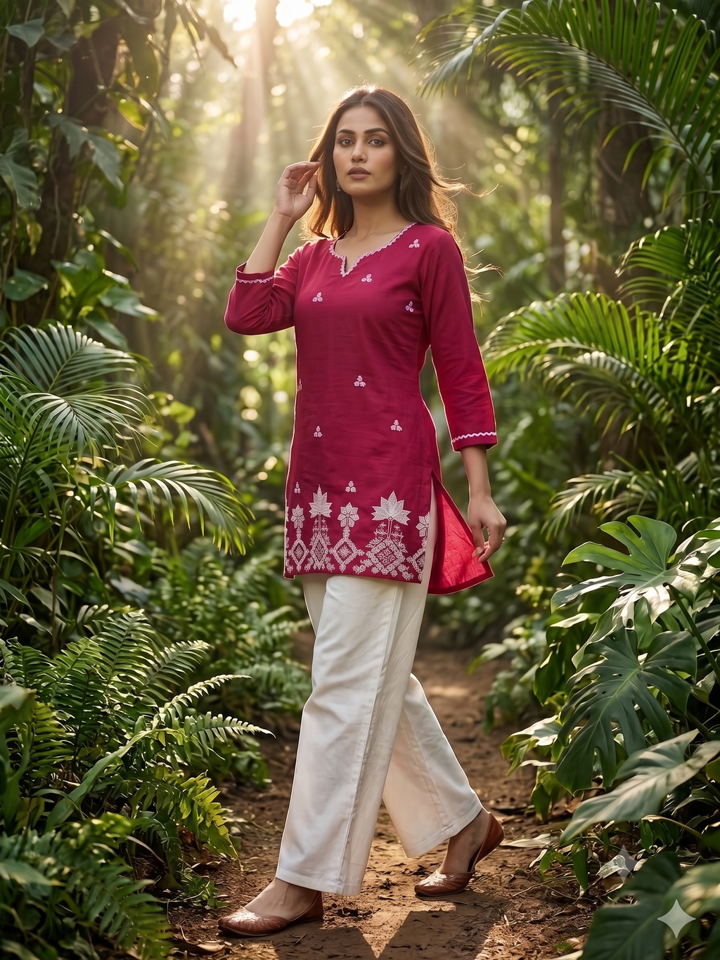 Stylist Cotton Embroidered Short Kurti with White Palazzo Set