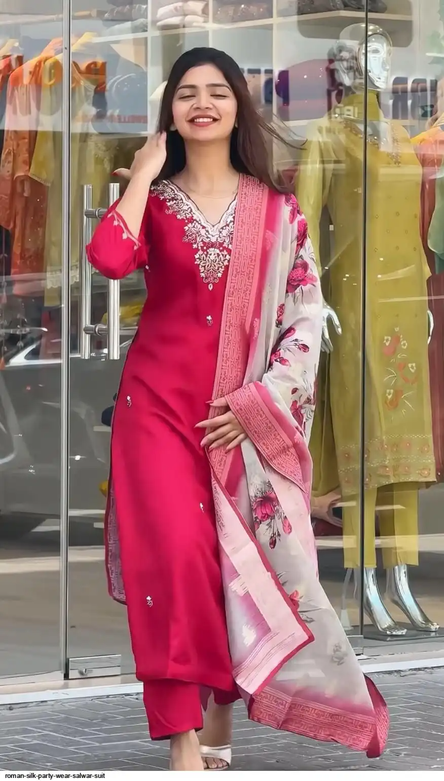 Latest Wine Pink Embroidered Kurta Pant Set with Floral Printed Dupatta