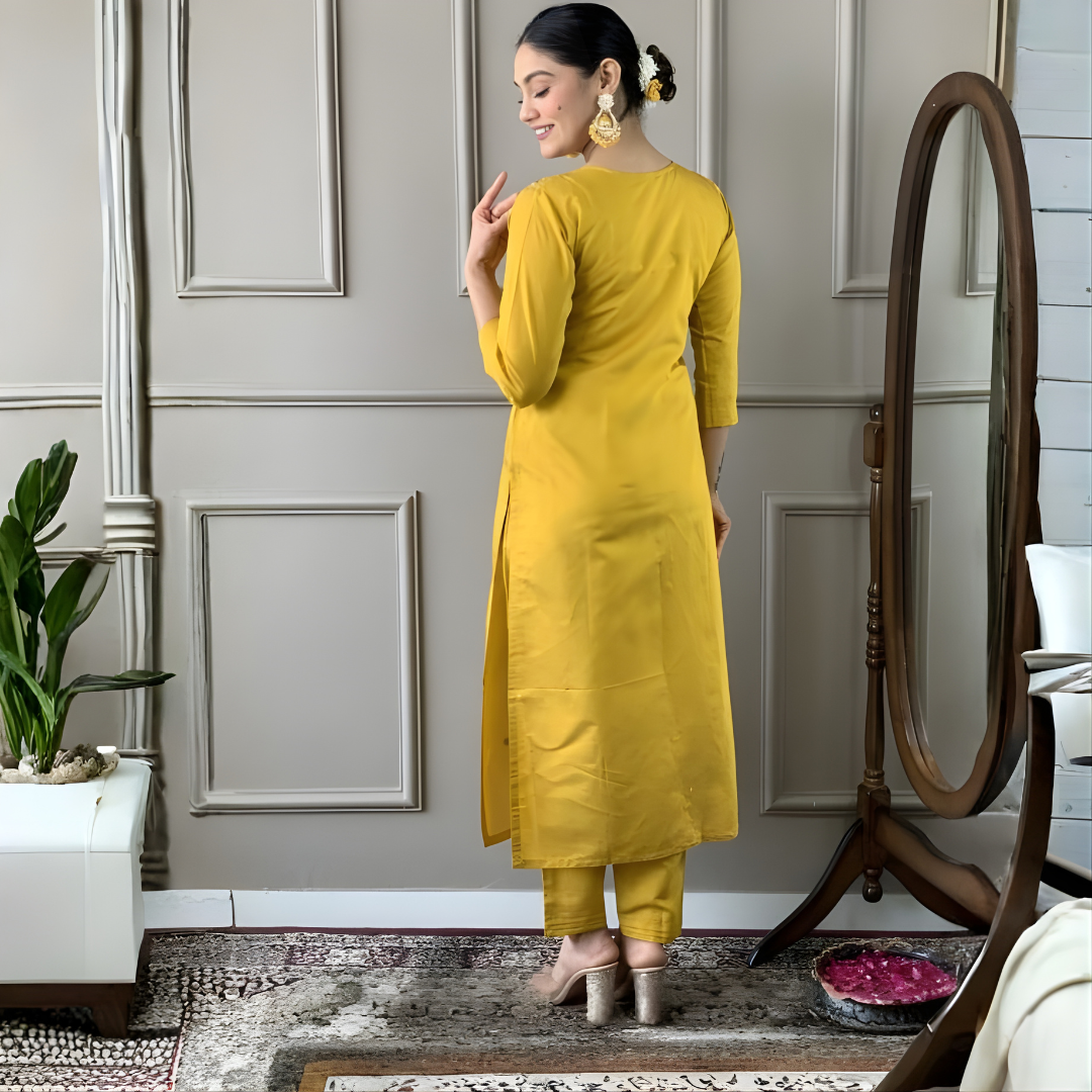 Sunshine Yellow Floral Embroidered Kurta Set with Printed Dupatta
